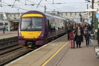 East Midlands Railway British Rail Class 170 Turbostar train at station platform, Peterborough,