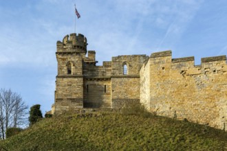 Observatory Tower turret flying Union Jack flag, Lincoln Castle, city of Lincoln, Lincolnshire,