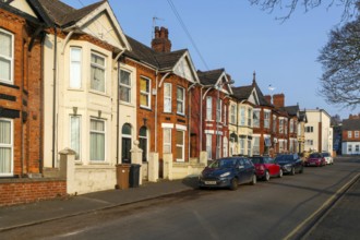 Terraced villas with bay windows front gardens, Tempest Street, inner city of Lincoln,