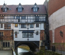 Timber framed buildings on historic High Bridge over River Witham, Lincoln, Lincolnshire, England,