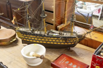 Model historic HMS Victory battleship on display in auction room, Campsea Ashe, Suffolk, England,