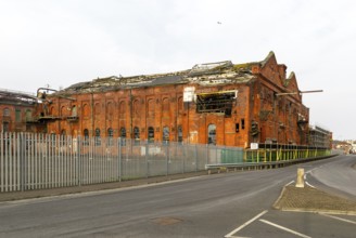 Derelict ruin of Great Grimsby Ice Factory built in 1900, Grimsby docks, north east Lincolnshire,