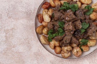 Kuyrdak, roast offal with potatoes and fresh herbs, homemade in Kazakh, no people