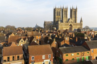 West frontage of Lincoln cathedral church viewed from castle walls, city of Lincoln, Lincolnshire,