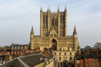 West frontage of Lincoln cathedral church viewed from castle walls, city of Lincoln, Lincolnshire,