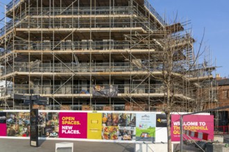 Scaffolding building site development, Cornhill Quarter shopping area in city centre, Lincoln,