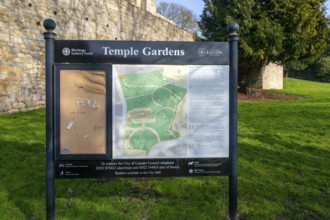 Map and information sign for Temple Gardens, city of Lincoln, Lincolnshire, England, UK