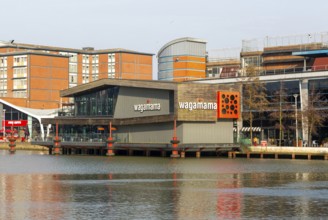 Wagamama restaurant on waterfront in leisure area of city centre, Brayford Pool, Lincoln,