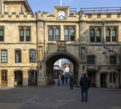 The Stonebow and Guildhall medieval town gate main city High Street, Lincoln, Lincolnshire,