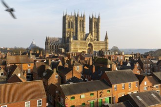 West frontage of Lincoln cathedral church viewed from castle walls, city of Lincoln, Lincolnshire,