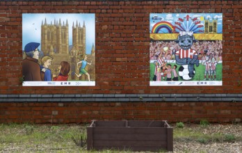 Heritage posters portraying local history, Lincoln railway station, city of Lincoln, Lincolnshire,