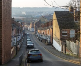 Victorian terraced housing with small front gardens, Vine Street, inner city of Lincoln,