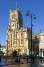 Tower and entrance doorway, Saint John the Baptist church, Cirencester, Gloucestershire, England,