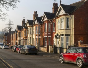 Terraced villas with bay windows front gardens, Tempest Street, inner city of Lincoln,