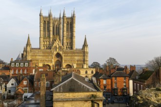 West frontage of Lincoln cathedral church viewed from castle walls, city of Lincoln, Lincolnshire,