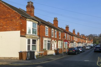 Victorian terraced housing with small front gardens, Claremont Street, inner city of Lincoln,