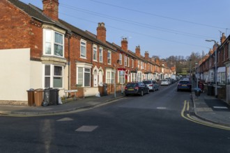 Victorian terraced housing with small front gardens, Claremont Street, inner city of Lincoln,