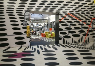 Venice, Biennale grounds, cafeteria designed in 2009 by Tobias Rehberger, vestibule with view into