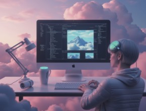 A digital creative edits mountainscapes on a desktop computer in a dreamy, ethereal setting. Soft