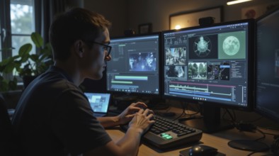 An individual is working on video production at a desk illuminated by screens displaying timelines