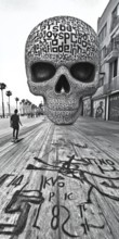 A striking black and white photo capturing a colossal skull-shaped art piece adorned with letters,