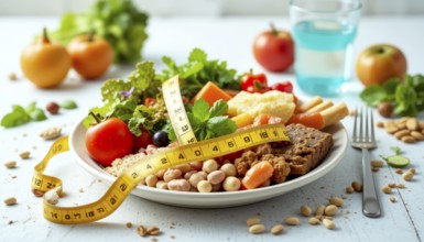 A colorful salad with beans, bread, and vegetables adorned with a measuring tape centers on diet