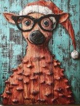 Whimsical holiday art featuring a stylized reindeer with a Santa hat and glasses, set against a