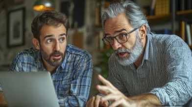 Two men are engaged in a focused discussion while looking at a laptop, showing teamwork and