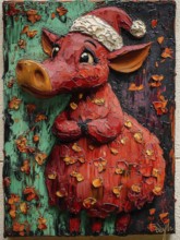 A vibrant and textured painting presents an animal character wearing a holiday-themed hat. The