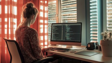 A woman sits at a desk in front of her computer with code displayed on the screen. Sunlight filters