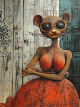 A whimsical, rustic wooden sculpture presents a woman's body with a mouse's head wearing round