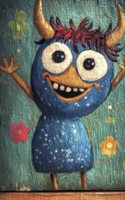 An artistic representation of a cartoon-like monster character with horns, big eyes, and a playful