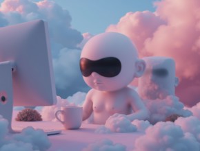 A surreal scene features a figure with shades sitting at a desk with a computer and coffee cup