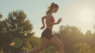 Dynamic image of a woman running across a sunlit field, emphasizing athleticism, ai generated