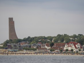 Coastline with striking tower and white houses, surrounded by the sea, laboe, kiel, Germany, Europe