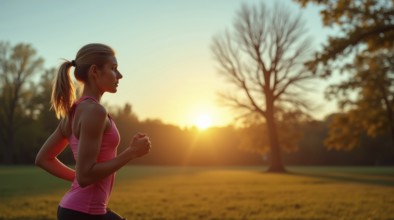 A woman running in a park at sunrise, showcasing fitness and determination, ai generated