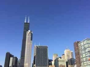 Panorama of a modern skyline with various office buildings under a clear sky, chicago, usa