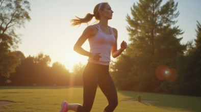 A woman running in a park at sunset, with a backdrop of trees, ai generated