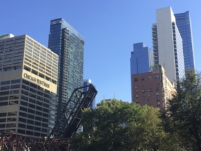 High-rise buildings and urban architecture with trees in the foreground for a natural atmosphere,