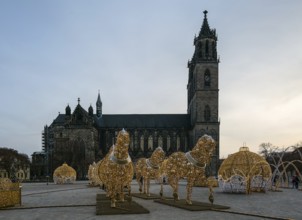 Magdeburg Domplatz 3801 at the back of the cathedral on the square Light sculptures depicting the