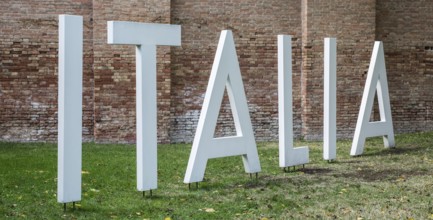 Italy Venice Architecture Biennale 2018 -220 freestanding lettering ITALIA in front of the relevant