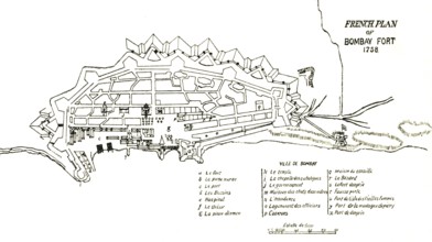 Bombay Map, French plan of Bombay fort 1758, Mumbai, Maharashtra, India, Asia