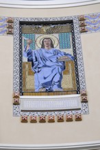 Religious mosaic of a man in a blue robe in an ornate frame, Vienna, Austria, Europe