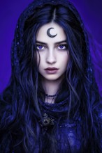 Magical woman with deep violet eyes and mystical aura in dark robe with moon symbol, generated with