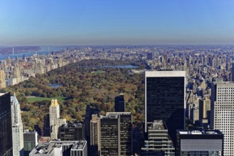 Rockefeller Center observation deck, View of skyscrapers in front of Central Park with autumn trees