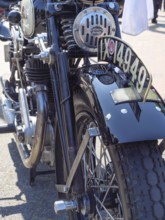 Classic black motorbike with exposed number plate and chrome details, Appelhülsen, münsterland,