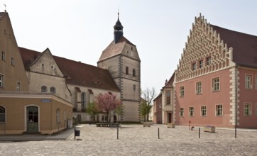 Mühlberg Elbe town church St Marien 1487-1525 partial view and town hall 1543-49 from north-east