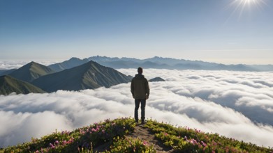 Man resting and contemplating sitting in the outdoor. Man standing alone, staring and thinking