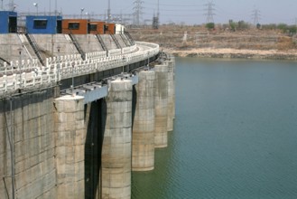 Columns of Indira Sagar Dam standing tall on river Narmada under multi purpose Indira Sagar Project