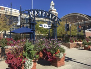 Colourful flowers and Navy Pier sign in sunny weather create a lively atmosphere, chicago,